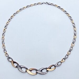 Vtg Sterling & 1/13 10k Gold Marquis Shaped Link Crosshatch Etched Necklace 18”